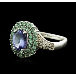 14KT White Gold 1.53 ctw Tanzanite, Emerald and Diamond Ring