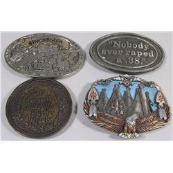 FOUR BELT BUCKLES INCLUDING WINCHESTER, GUN