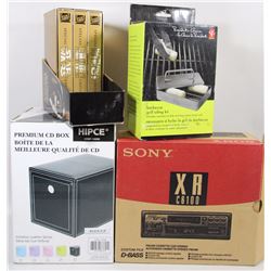 BOX OF CAR STEREO, BARBEQUE GRILL OILING KIT,