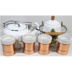 SET OF ENAMEL TEA POTS WITH 4 COPPER MUGS