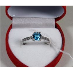 #9)NATURAL  BLUE TOPAZ& CZ RING .925 SILVER SIZE 8