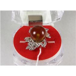 #21)NATURAL AMBER 12MM & CZ  RING .925 SILVER