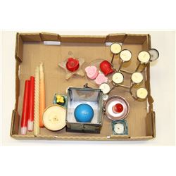 ASSORTED FLAT OF CANDLES AND CANDLE HOLDERS
