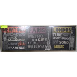 THREE NEW SEALED STRETCHED CANVAS CITY SIGNS