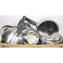 BOX OF STAINLESS STEEL POTS, KETTLE, STRAINER