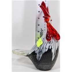 TALL ART GLASS ROOSTER (BLACK+WHITE+RED)