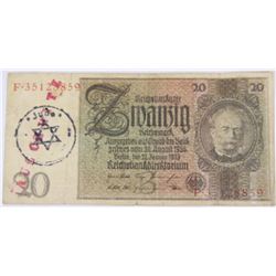 GERMAN NAZI BANK NOTE STAMPED AUSCHWITZ & JUDE