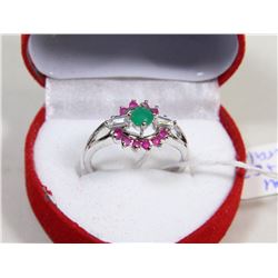 #24) NATURAL EMERALD, RUBY  7 CZ RING .925 SILVER
