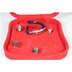 LOT OF 5 BIKERS RINGS WITH BLACK LEATHER BRACELET