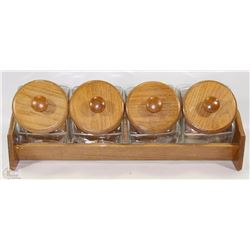 OAK AND GLASS 5 PC  CANISTER SET