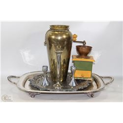 BOX OF ASSORTED BRASS, SILVER PLATED, & MORE