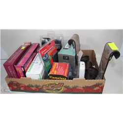 FLAT OF NEW ITEMS INCLUDING  FLAMELESS WAX CANDLE,
