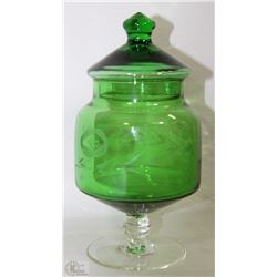 GREEN CRYSTAL CANDY DISH WITH LID