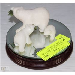 STONE POLAR BEAR FAMILY WITH JADE FISH AND DISPLAY