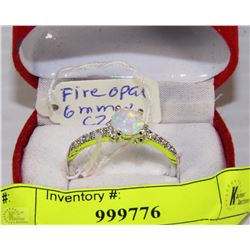 #15)FIRE OPAL 6MM & CZ  RING .925 SILVER SIZE 9