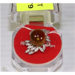 #20)NATURAL AMBER 12MM & CZ  RING .925 SILVER