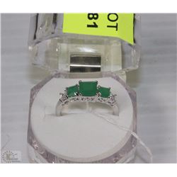 #11)NATURAL EMERALD & CZ RING .925 SILVER