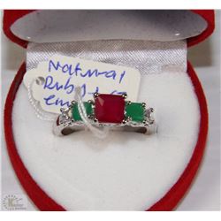 #22)NATURAL EMERALD & RUBY  RING .925 SILVER