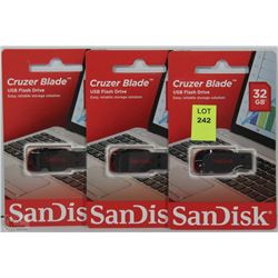 GROUP OF THREE 32GB SANDISK USB FLASH DRIVES