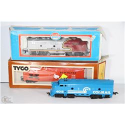 THREE ASSORTED TRAIN ENGINES AND CAR
