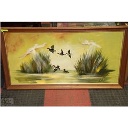 LARGE WOOD FRAMED DUCK OIL ON CANVAS