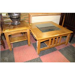 WOOD GLASSTOP COFFEE TABLE SOLD WITH END TABLE