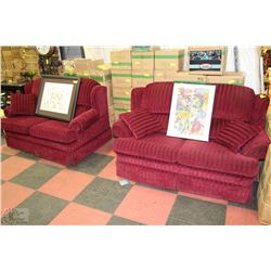 PAIR OF DECOREST BRAND BURGANDY FABRIC LOVESEATS