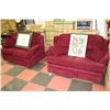 Image 1 : PAIR OF DECOREST BRAND BURGANDY FABRIC LOVESEATS