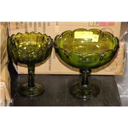 GREEN DEPRESSION GLASS FLOWER CANDY DISH AND