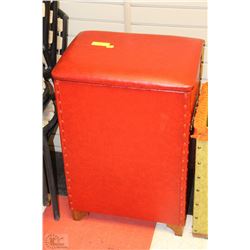 LARGE RED LEATHER LIKE LAUNDRY HAMPER W/ORNATE