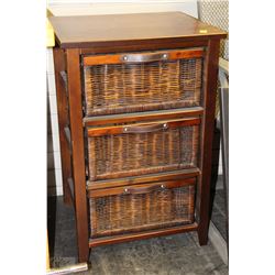 WOOD AND WICKER 3 DRAWER NIGHT STAND