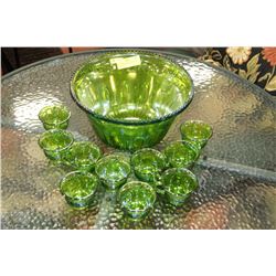 GREEN CARNIVAL GLASS PUNCH BOWL SET WITH 10 CUPS