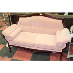 VINTAGE WOOD FRAMED PINK FABRIC LOVE SEAT-64"