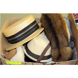 BOX WITH FUR DAVID CROCKET HAT, 2 VINTAGE STRAW