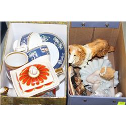 2 SMALL BOXES WITH ESTATE ORNAMENTS AND TEA POT,
