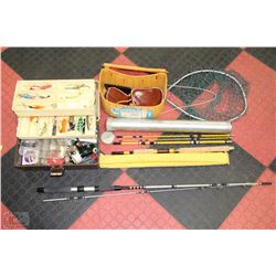BOX FILLED WITH FISHING EQUIPMENT INCLUDING TACKLE