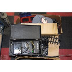 TWO BOXES WITH RAILROAD TRACKS, TRAINS WITH