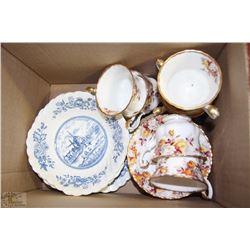 BOX WITH ROYAL ALBERT LENORA CUPS AND SAUCERS
