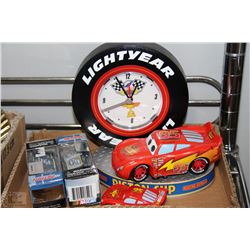 LIGHTYEAR CARS CLOCK DISPLAY AND 2 DIE CAST