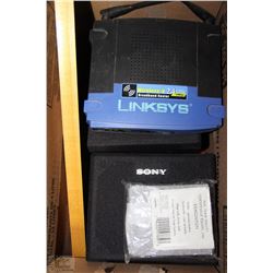 BOX WITH 2 SONY SPEAKERS,LINKSYS ROUTER,CRIB BOARD