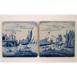 A Late 18th Century Tiles, decorated ships and figures in underglaze blue, and other similar tile...