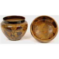 A Royal Doulton Bowl, decorated leaves on a mustard ground, and a similar jardiniere (2)  See ill...