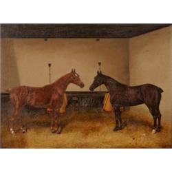 E*** Hally, two horses in a stable interior, oil on canvas, signed, 45 x 60 cm  See illustration...