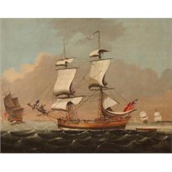 Primitive School, early 19th Century, a small flotilla of two masted ships at sea, oil on canvas,...