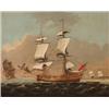 Image 1 : Primitive School, early 19th Century, a small flotilla of two masted ships at sea, oil on canvas,...