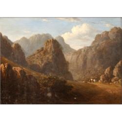 English School, early 19th century, a figure leading a horse through mountains, oil on panel, 24....