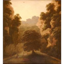 English School, 19th century, figures and cattle in a gorge, oil on panel, 30 x 28 cm  See illust...