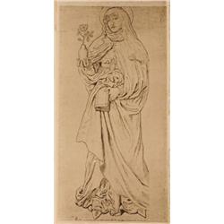 Pre-Raphelite School, a saint holding a vase and prayer book, ink, inscribed This custom is the p...