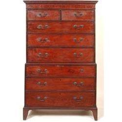 A George III Mahogany Chest on Chest, the dentil moulded cornice above two short and six ling gra...