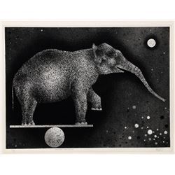 Mario Avati, Elephant Equilibriste, Mezzotint